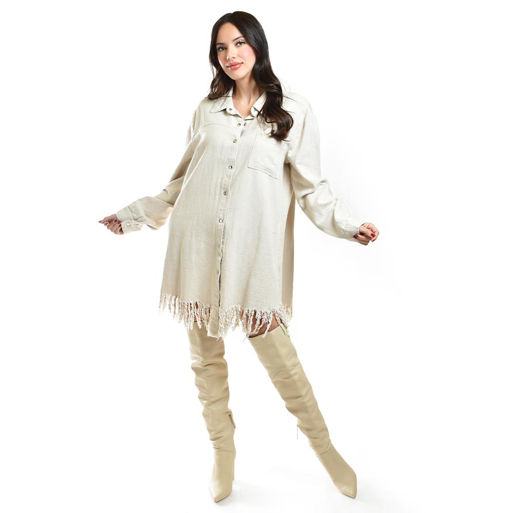 Foto 2 pulgar | Vestido Camisero Con Flecos Roman Fashion /juvenil, 11822 (beige) Beige