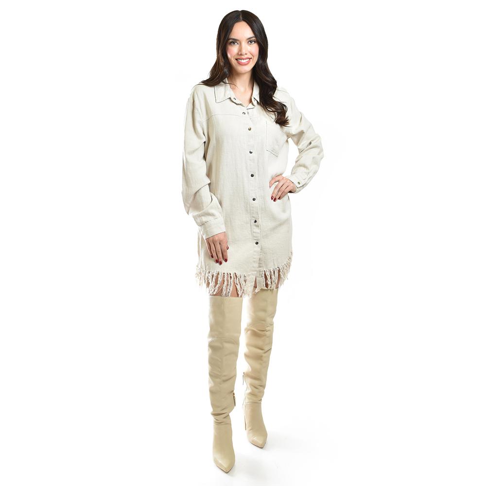 Foto 7 pulgar | Vestido Camisero Con Flecos Roman Fashion /juvenil, 11822 (beige) Beige