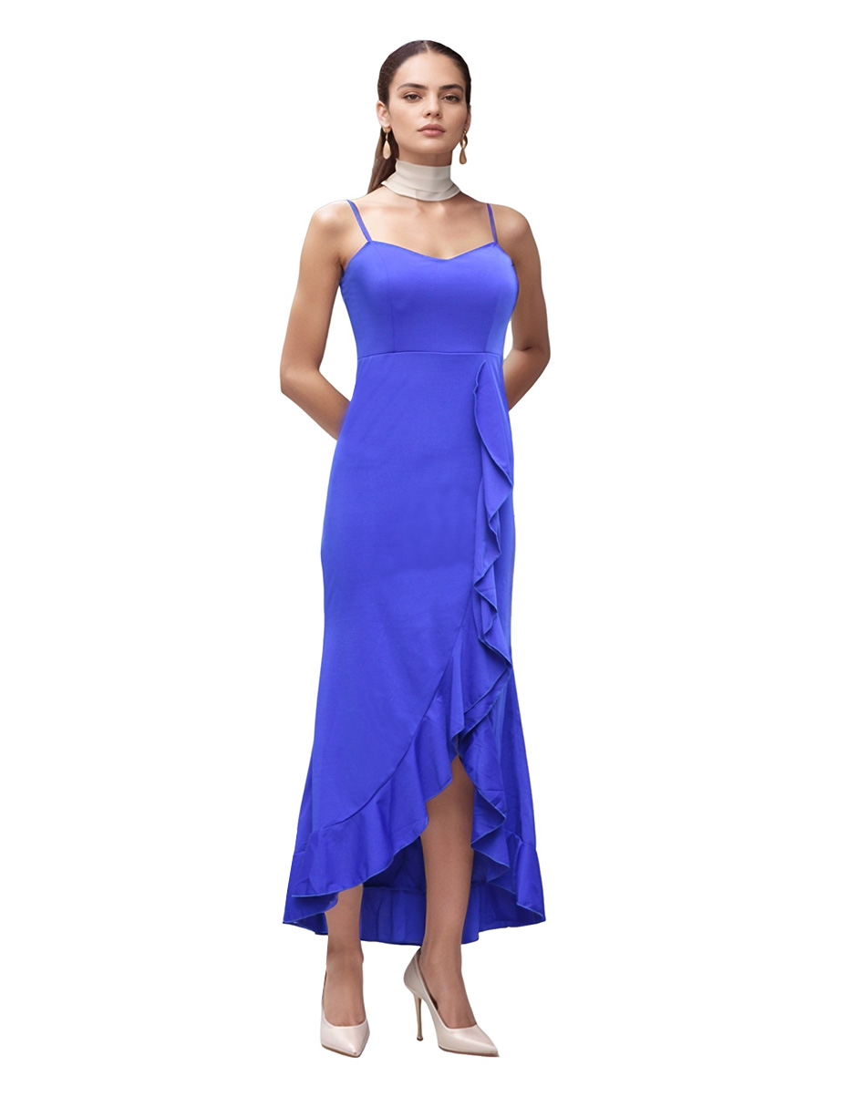 Vestido Midi de Fiesta con Escarola Lucky Clover Azul