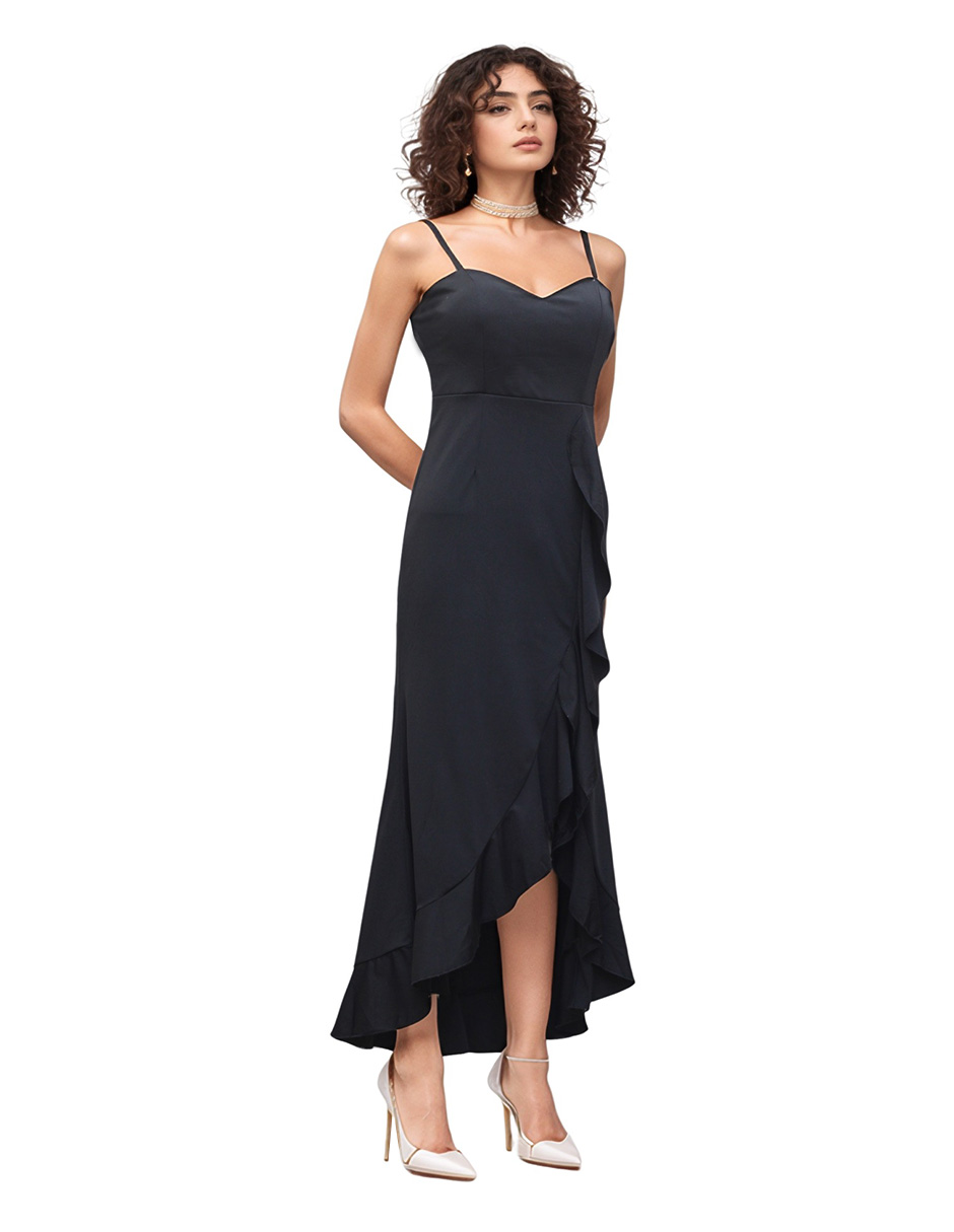 Vestido Midi de Fiesta con Escarola Lucky Clover Negro