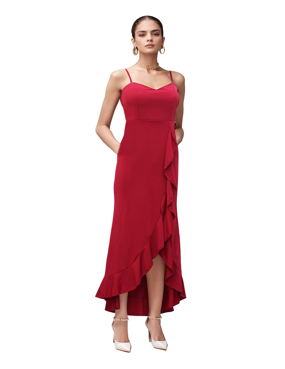 Foto 2 pulgar | Vestido Midi de Fiesta con Escarola Lucky Clover Rojo
