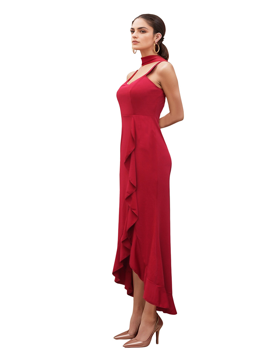 Foto 3 pulgar | Vestido Midi de Fiesta con Escarola Lucky Clover Rojo