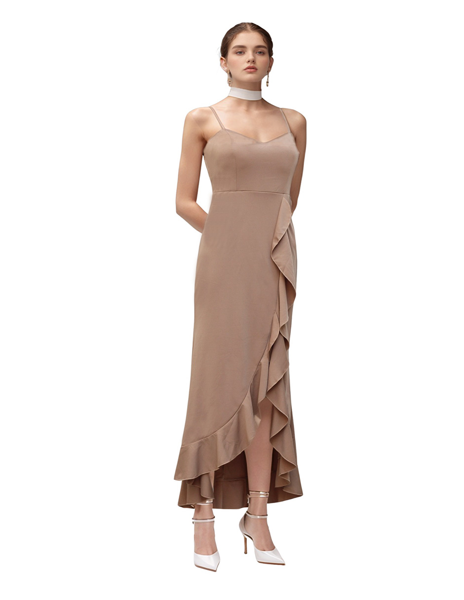 Vestido Midi De Fiesta Con Escarola Lucky Clover Beige