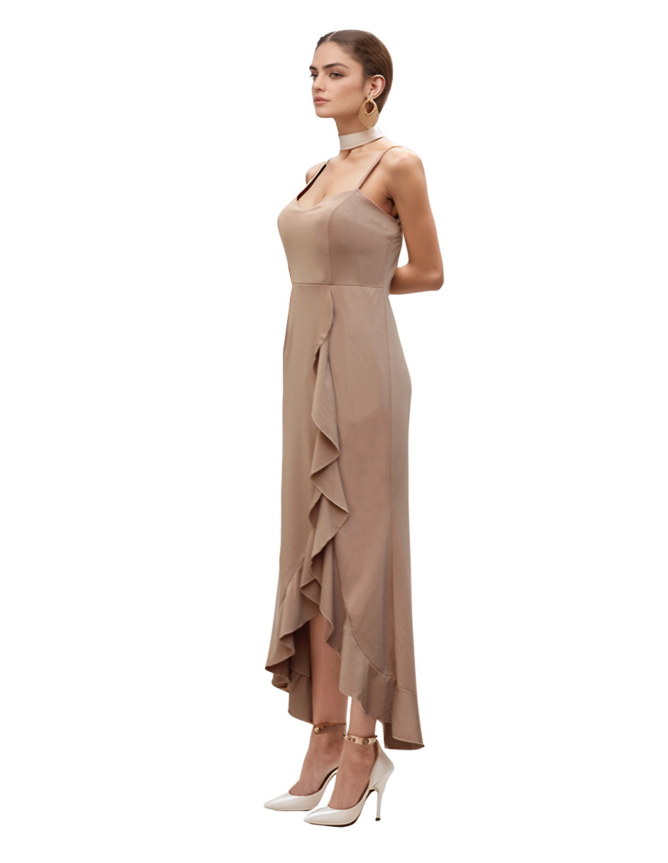 Foto 3 pulgar | Vestido Midi De Fiesta Con Escarola Lucky Clover Beige