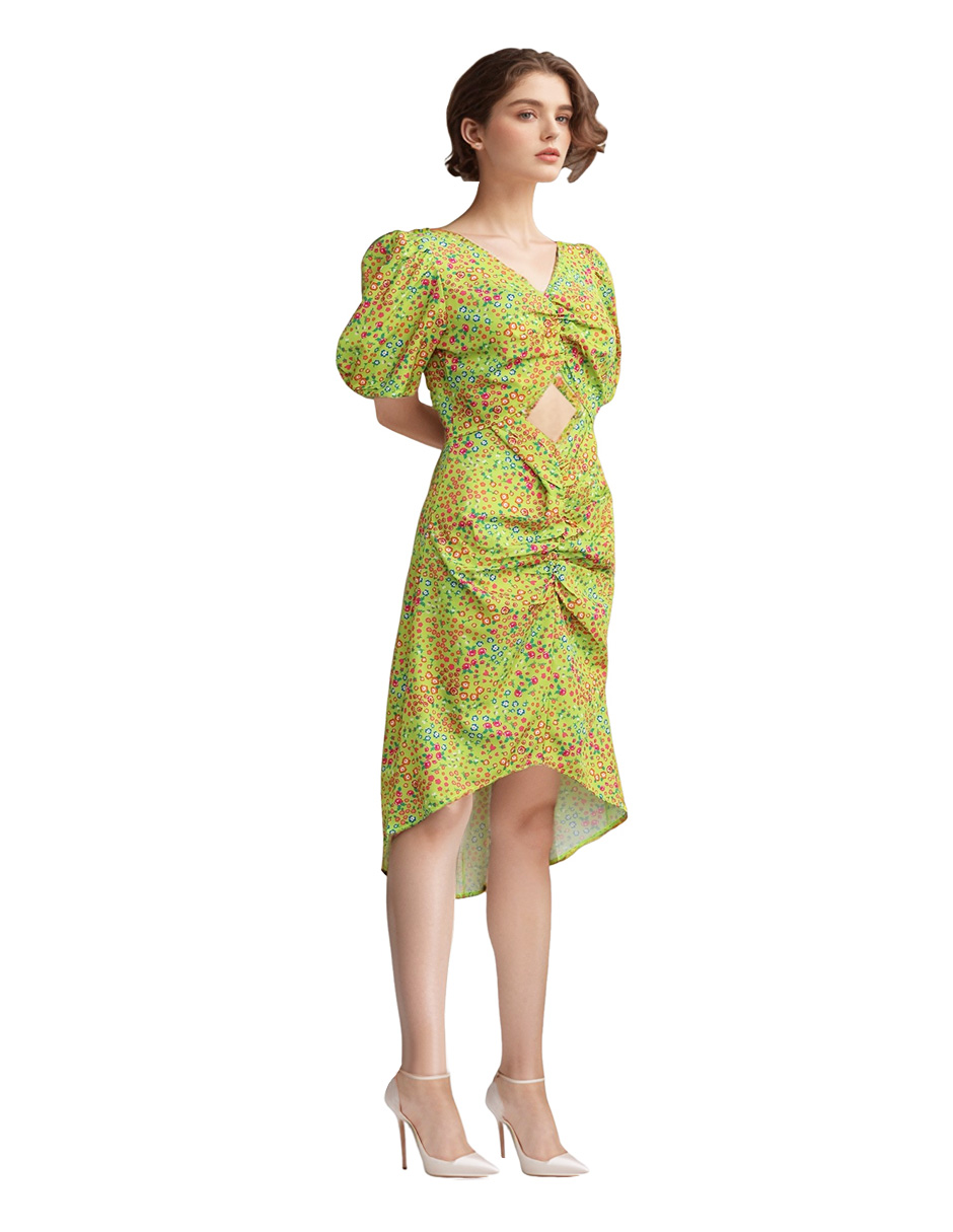 Foto 2 pulgar | Vestido Casual Asimétrico A La Rodilla Diseño Floral Color Verde