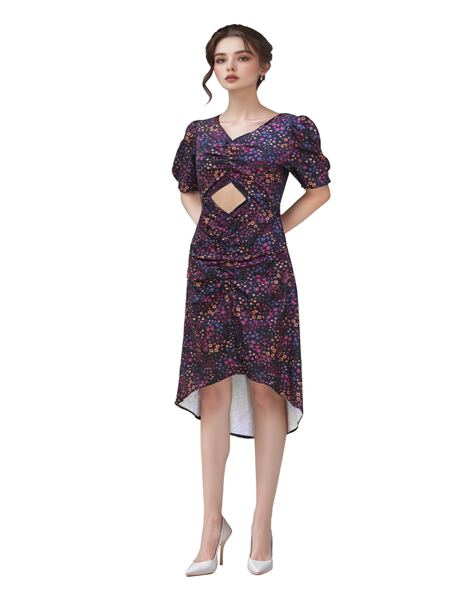 Vestido Casual Asimétrico A La Rodilla Diseño Floral Color Negro