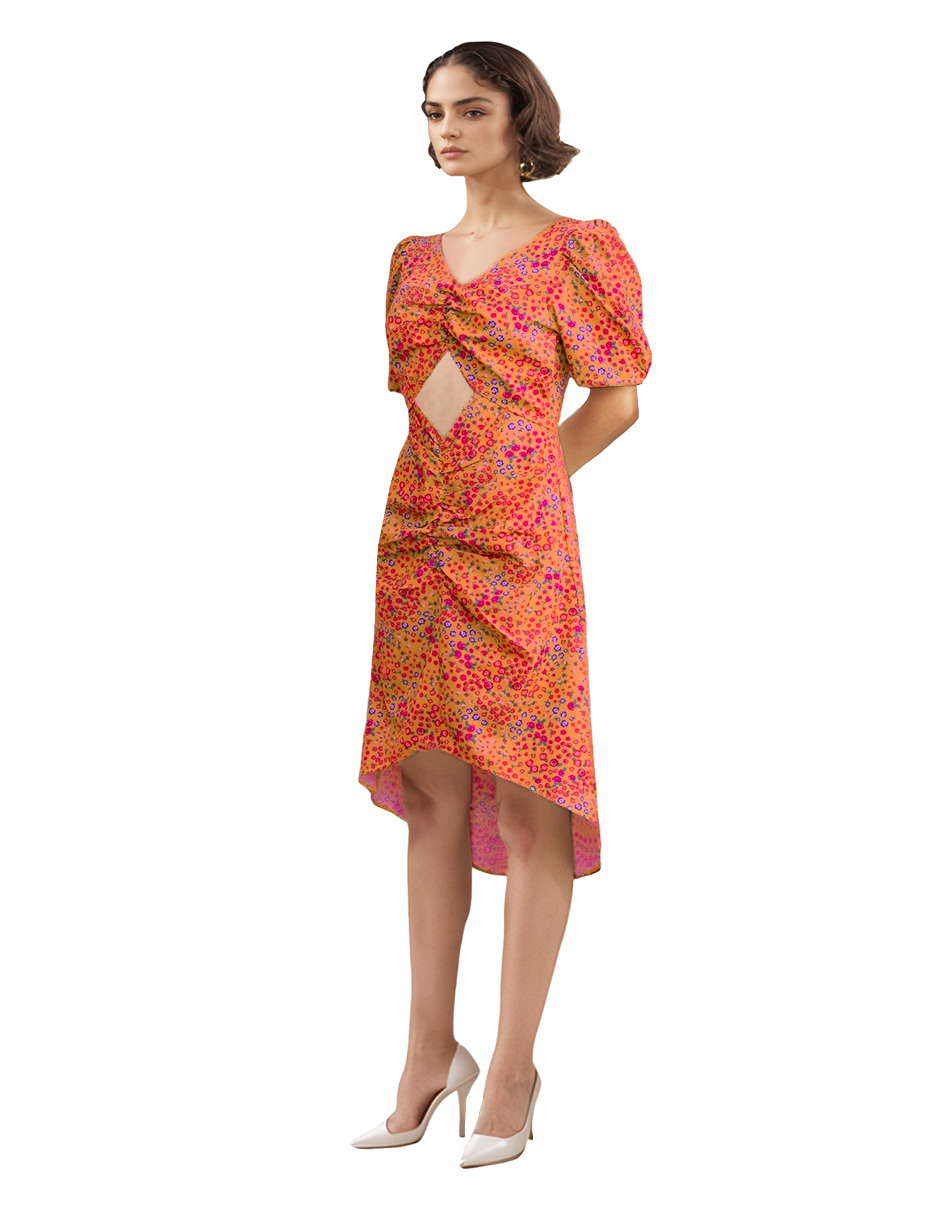 Foto 2 pulgar | Vestido Csual Asimétrico A La Rodilla Diseño Floral Color Naranja