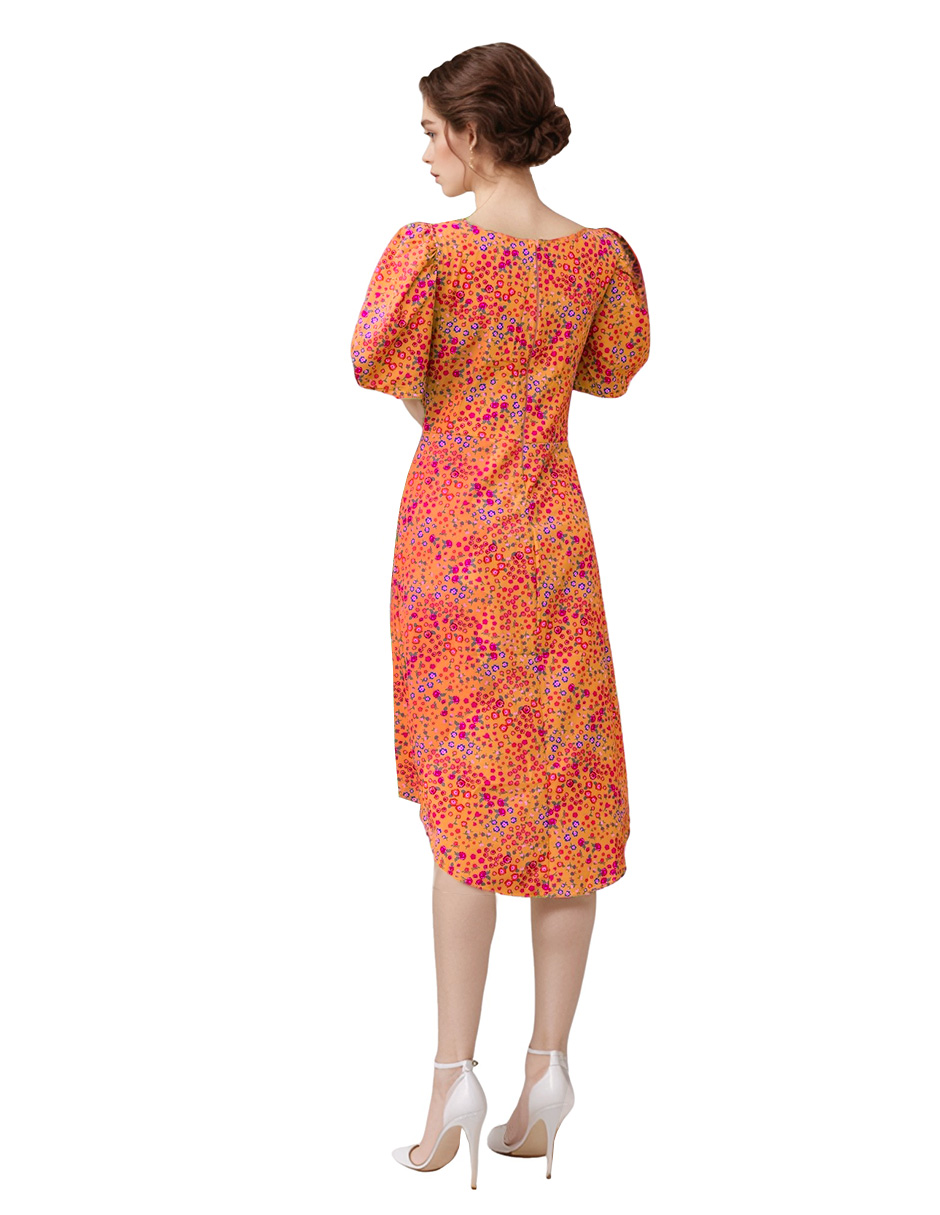 Foto 3 pulgar | Vestido Csual Asimétrico A La Rodilla Diseño Floral Color Naranja