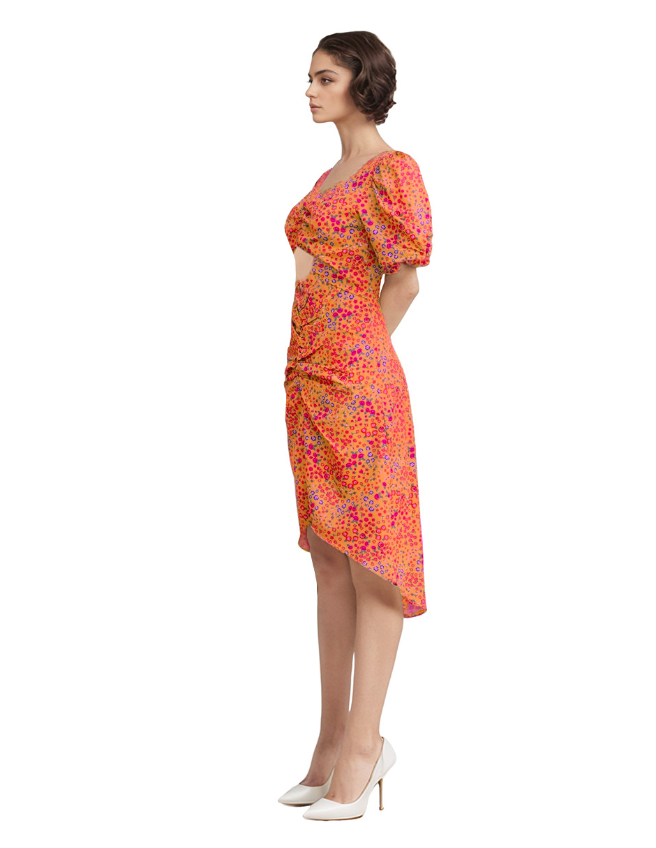 Foto 4 pulgar | Vestido Csual Asimétrico A La Rodilla Diseño Floral Color Naranja