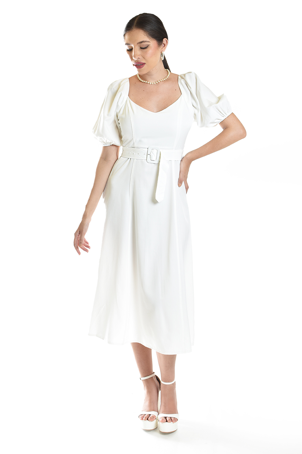 Foto 6 | Vestido Midi De Manga Abullonada Roman Fashion /juvenil, 12515 (blanco)