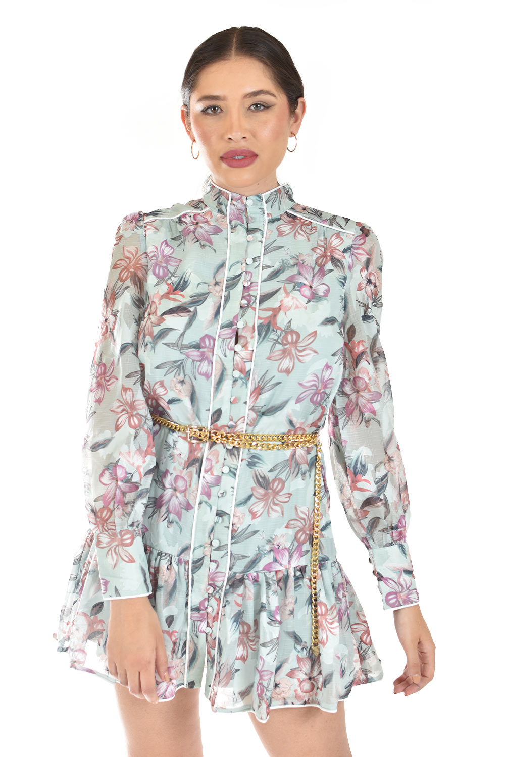 Foto 4 | Vestido Floreado De Cuello Alto Roman Fashion /juvenil, 4457 (pistache)