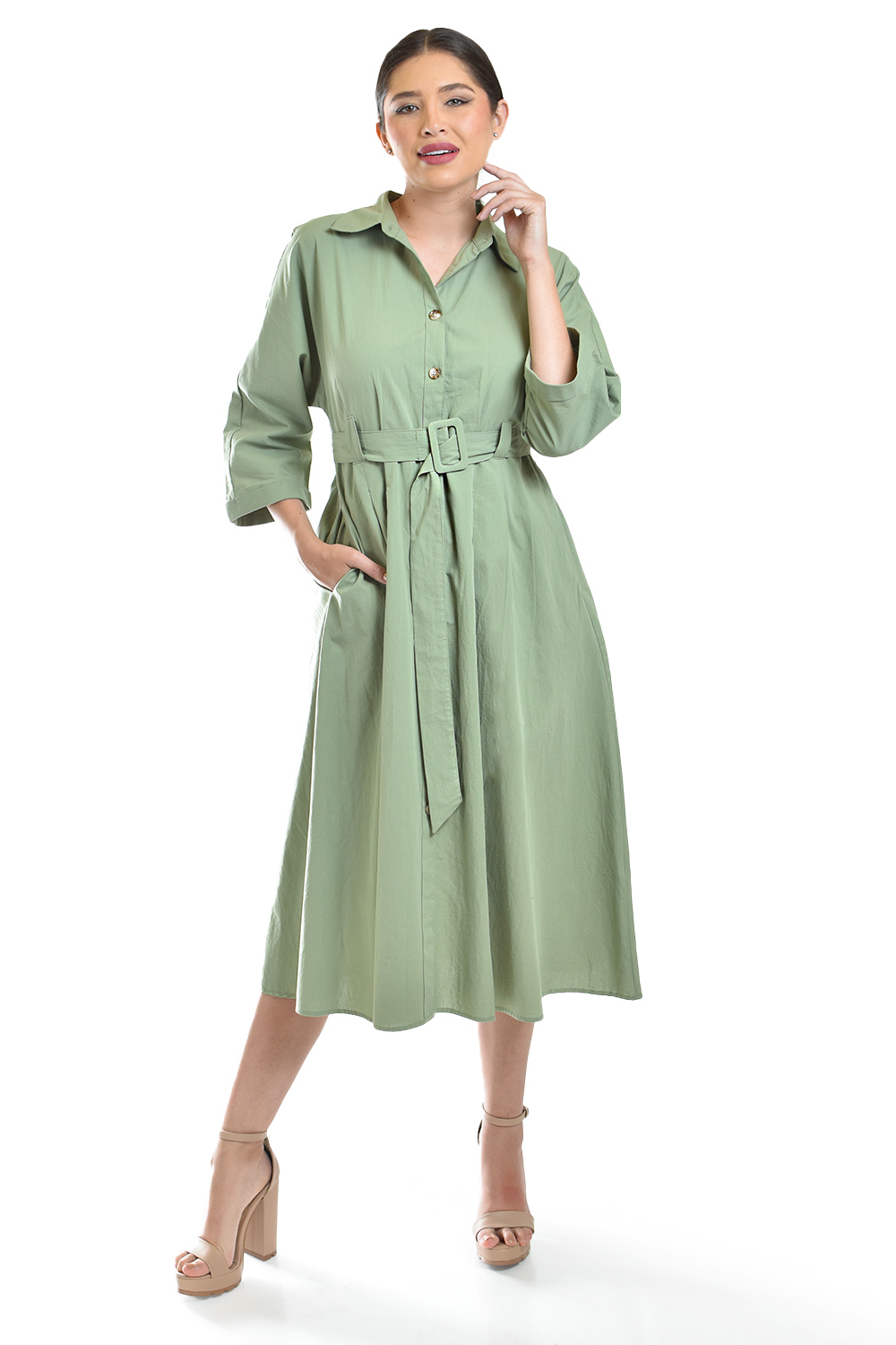 Foto 2 pulgar | Vestido Camisero Con Cinto Roman Fashion /juvenil, 3827-p (verde Militar)