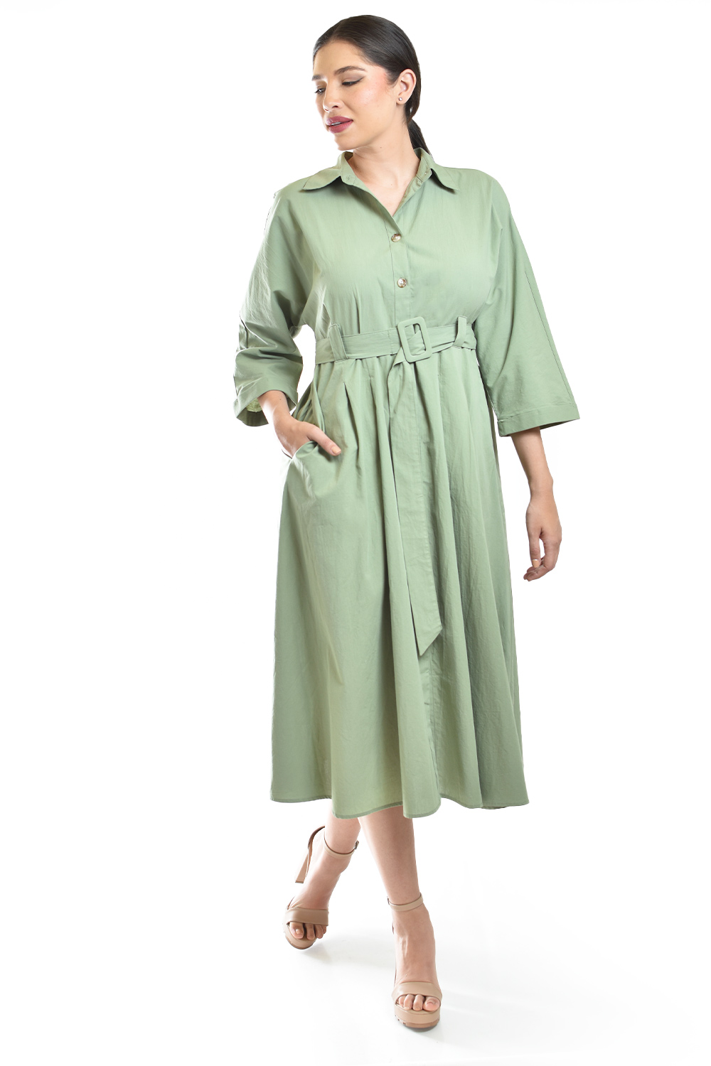Foto 6 pulgar | Vestido Camisero Con Cinto Roman Fashion /juvenil, 3827-p (verde Militar)
