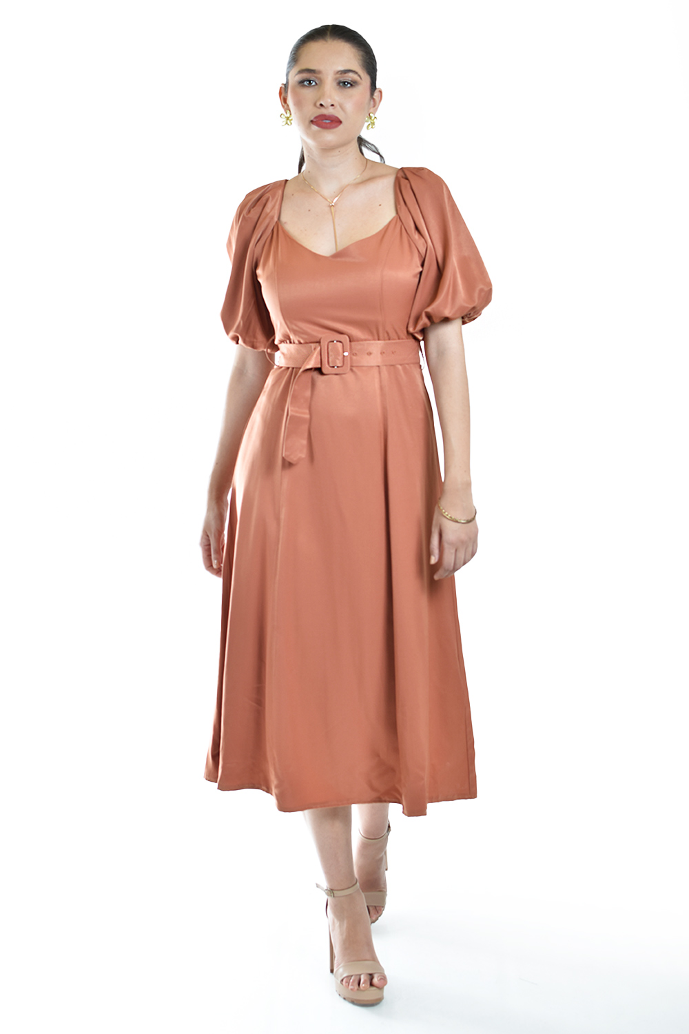 Vestido Midi De Manga Abullonada Roman Fashion /juvenil, 12515 (chedron)