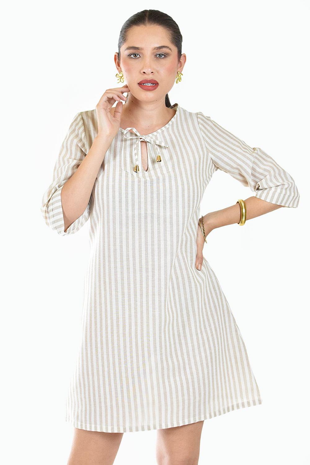 Vestido De Lino A Rayas Roman Fashion /juvenil, 4085 (líneas Beige)