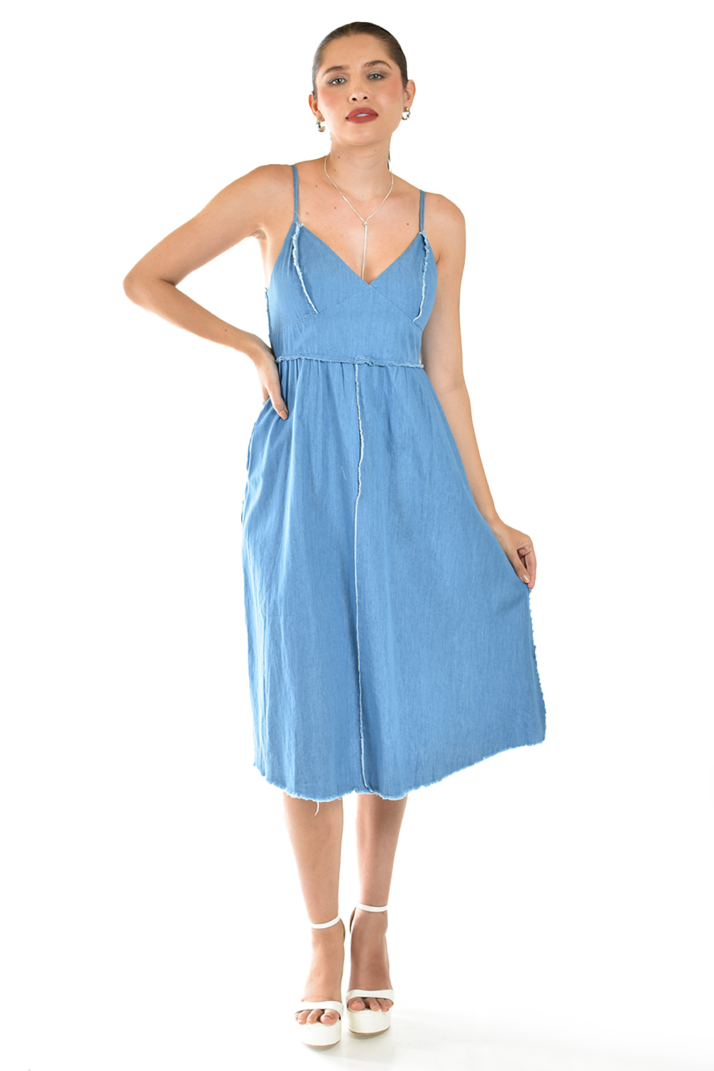 Vestido Denim Con Detalle Deshilachado Roman Fashion /juvenil, 30736 (mezclilla Tono Medio)