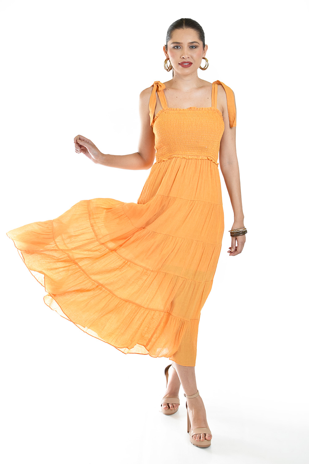 Foto 2 pulgar | Vestido Midi Con Detalle Smock Roman Fashion /juvenil, 30105 (naranja)
