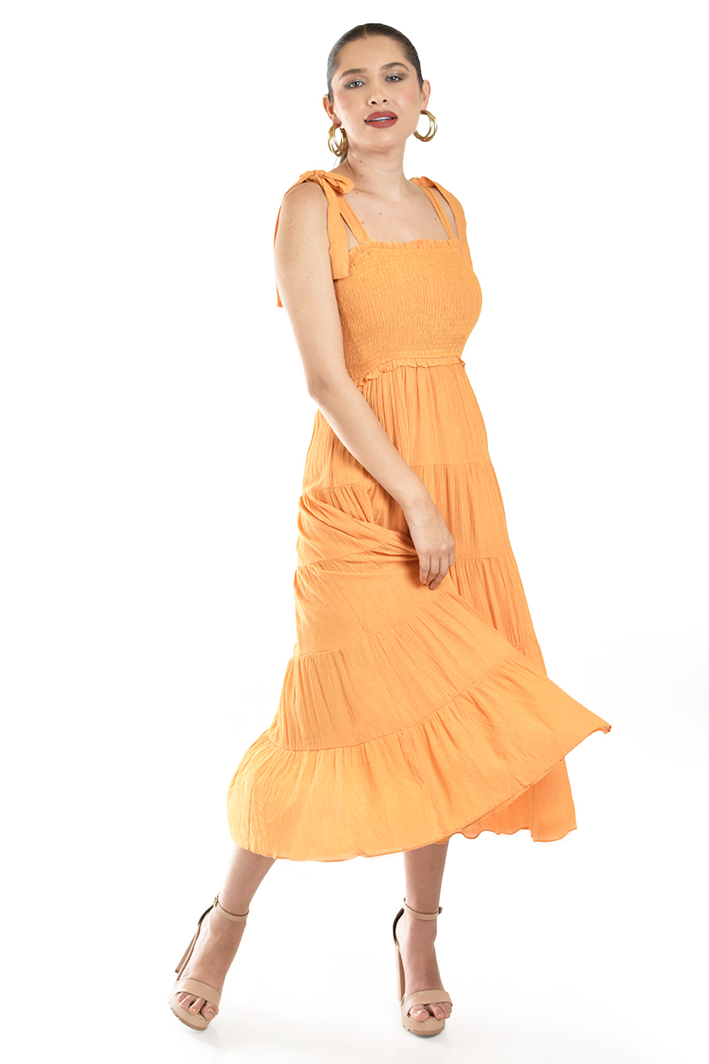 Foto 3 pulgar | Vestido Midi Con Detalle Smock Roman Fashion /juvenil, 30105 (naranja)