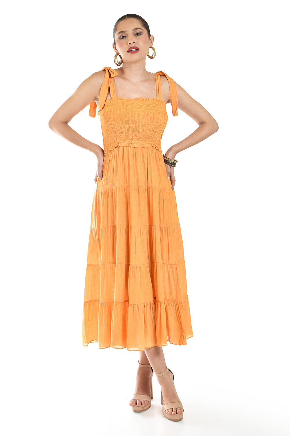 Foto 7 pulgar | Vestido Midi Con Detalle Smock Roman Fashion /juvenil, 30105 (naranja)