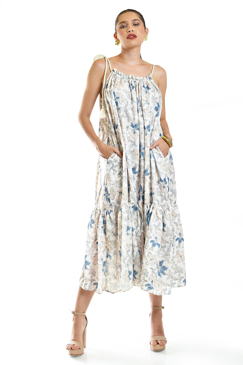 Vestido Con Tirantes De Cuerda Roman Fashion /juvenil, 8093 (arena / Flores)