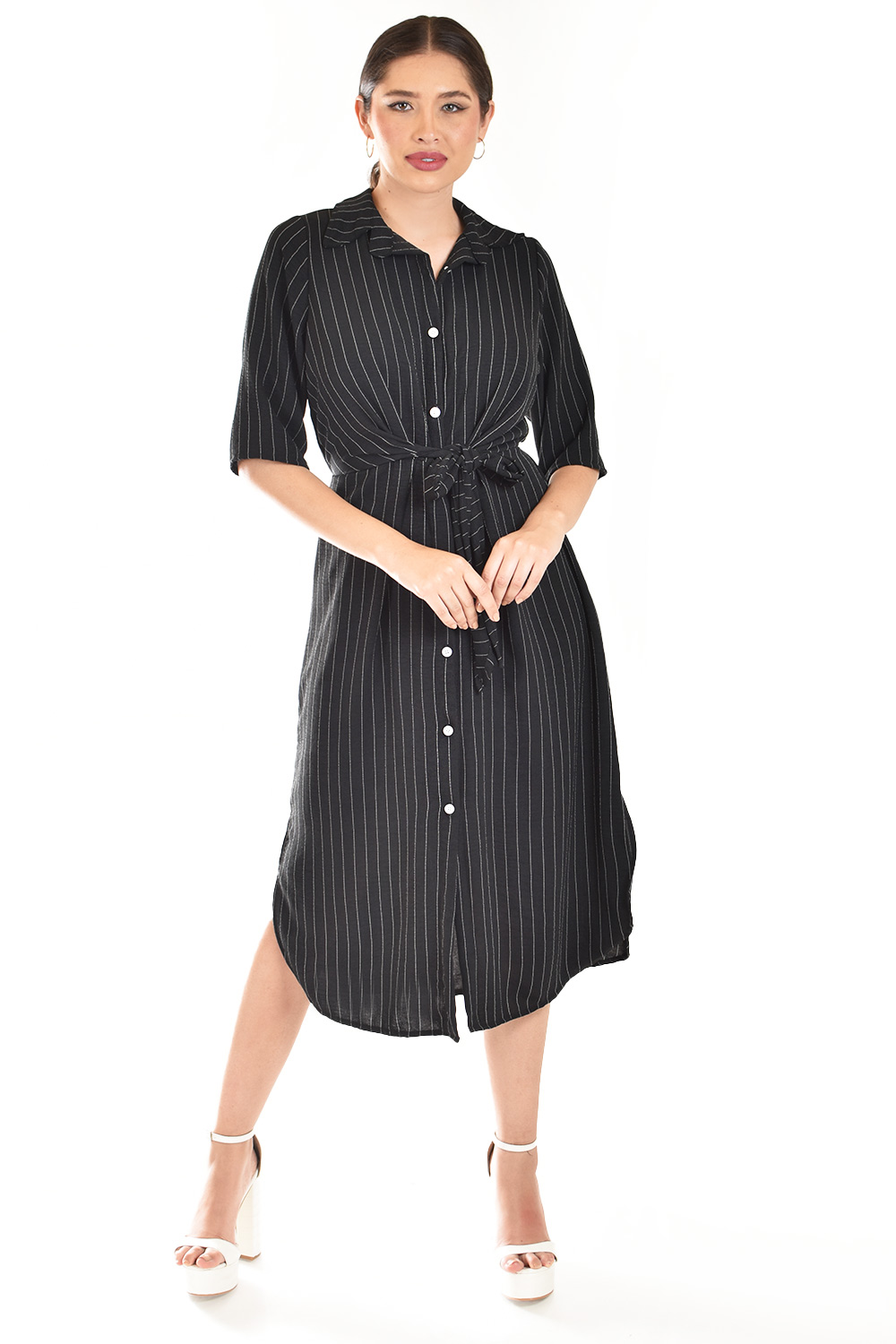 Foto 2 pulgar | Vestido Camisero Con Moño Roman Fashion /juvenil, 4341 (negro Lineas)