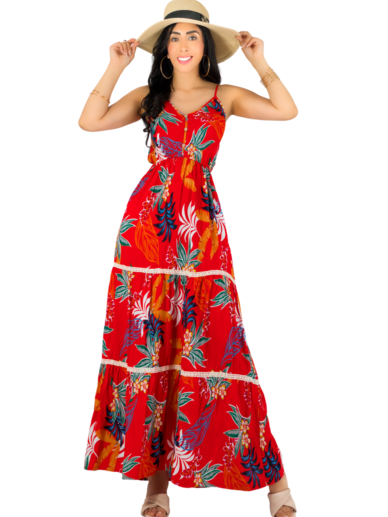 Vestido Maxi Casual Mujer Largo Ves-1017 Rojo Cómodo De Tirantes