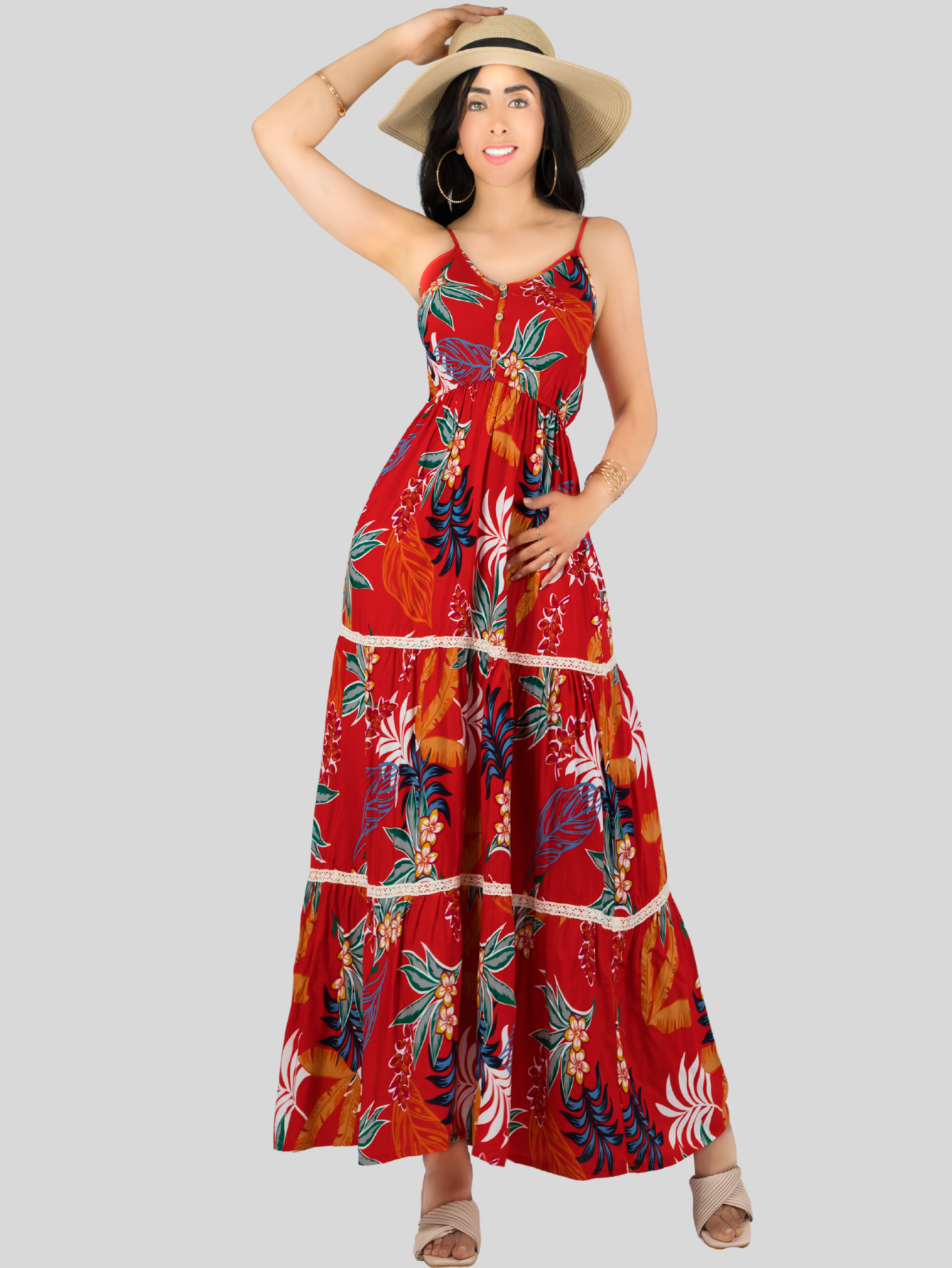 Foto 2 | Vestido Maxi Casual Mujer Largo Ves-1017 Rojo Cómodo De Tirantes