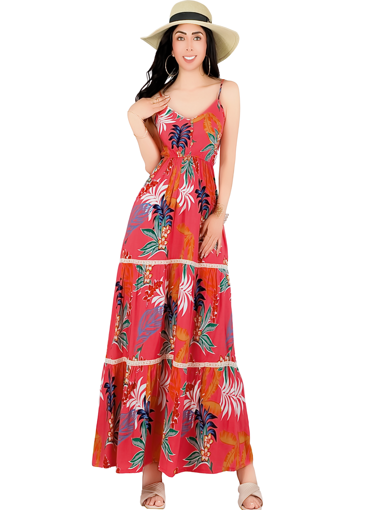 Vestido Maxi Casual Mujer Largo Ves-1017 Coral Cómodo De Tirantes