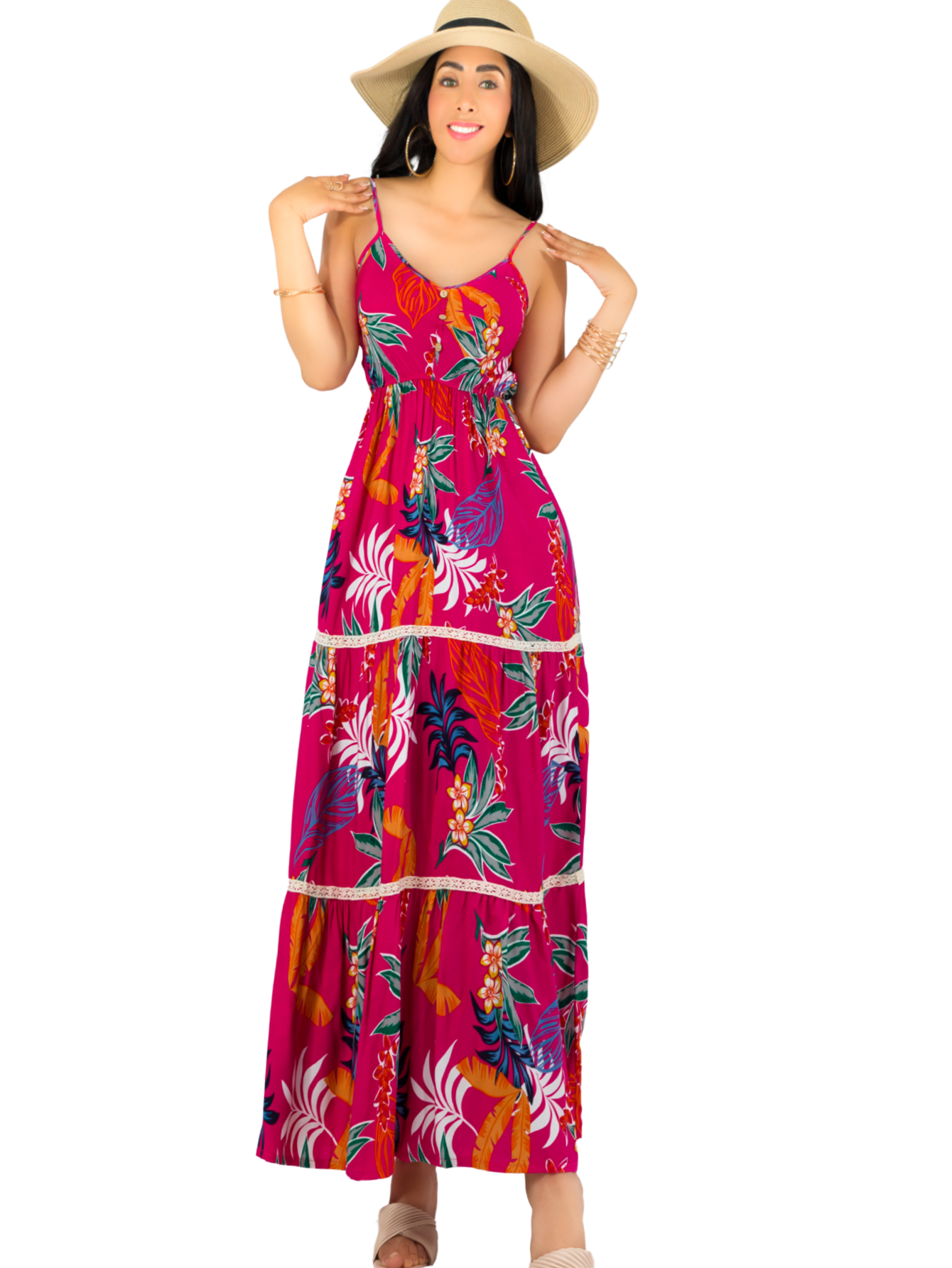Vestido Maxi Casual Mujer Largo Ves-1017 Fucsia Cómodo De Tirantes