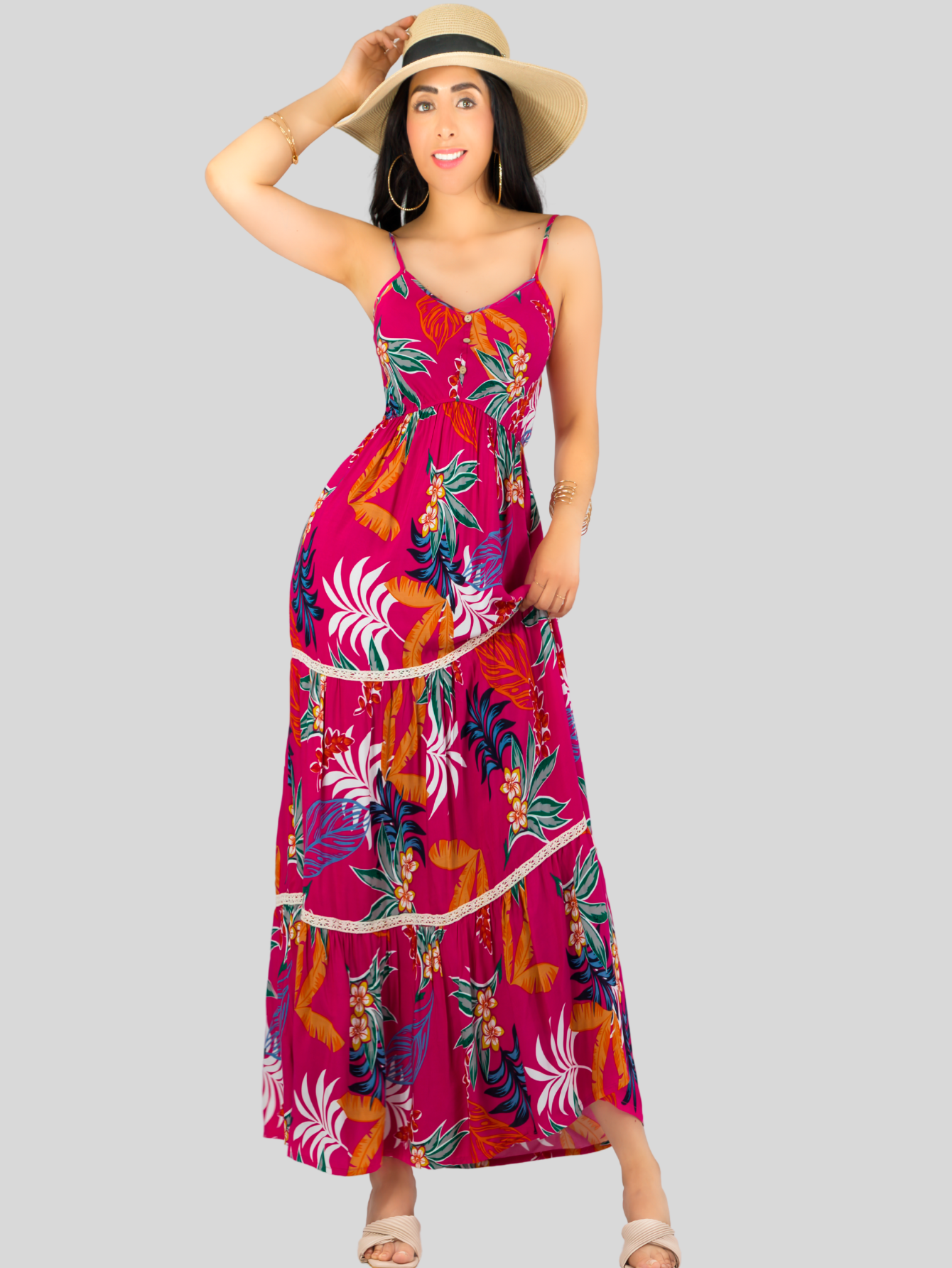 Foto 3 pulgar | Vestido Maxi Casual Mujer Largo Ves-1017 Fucsia Cómodo De Tirantes