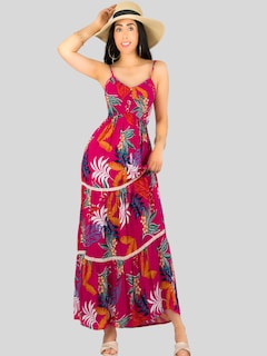 Foto 2 | Vestido Maxi Casual Mujer Largo Ves-1017 Fucsia Cómodo De Tirantes