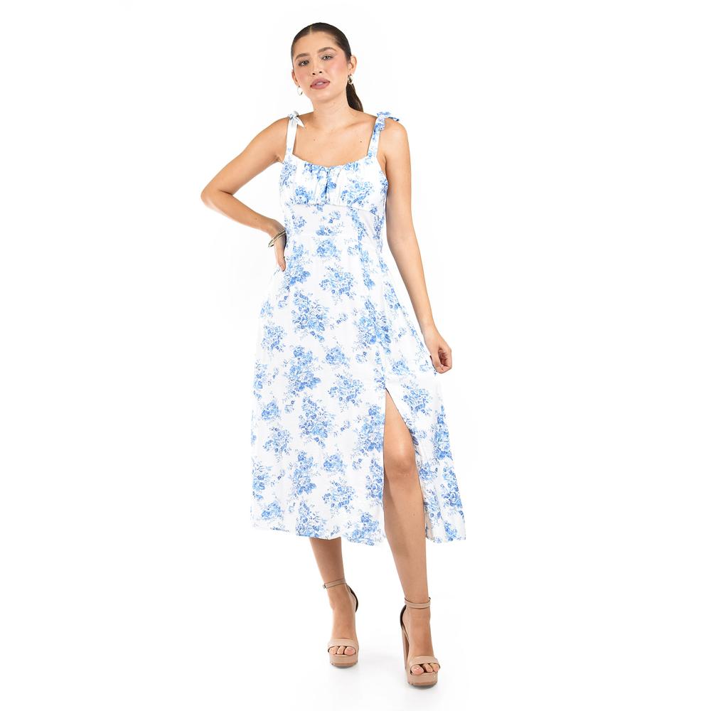 Foto 2 pulgar | Vestido Midi Floral Roman Fashion /juvenil  4015 (blanco /flor Azul) Blanco