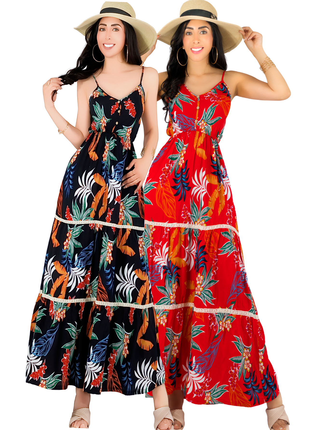 Foto 2 pulgar | Pack De 2 Vestidos Maxi Casual Ves-1017-px2 Negro Y Rojo Mujer Largo Cómodo De Tirantes