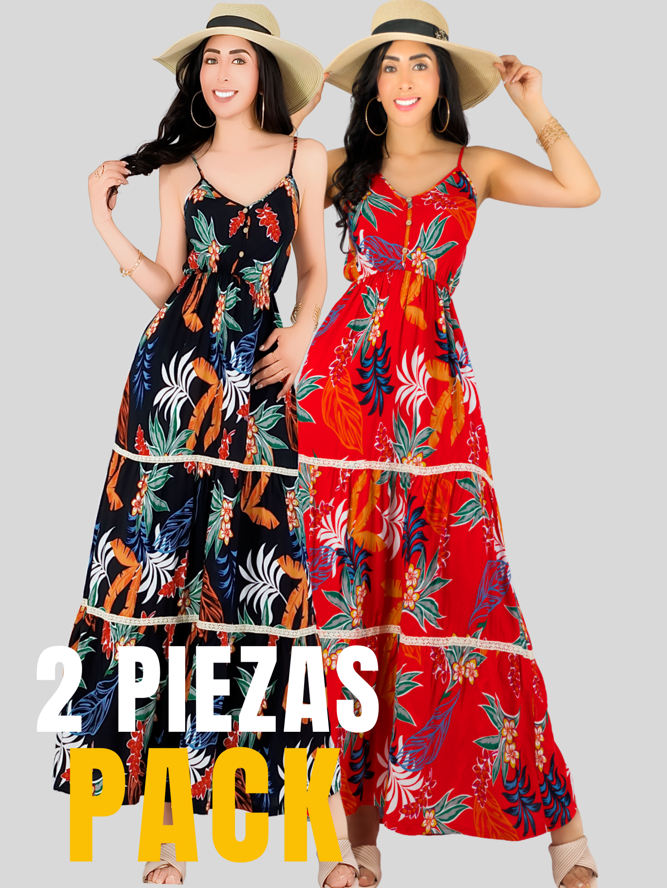Foto 5 | Pack De 2 Vestidos Maxi Casual Ves-1017-px2 Negro Y Rojo Mujer Largo Cómodo De Tirantes