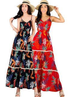 Foto 1 | Pack De 2 Vestidos Maxi Casual Ves-1017-px2 Negro Y Rojo Mujer Largo Cómodo De Tirantes