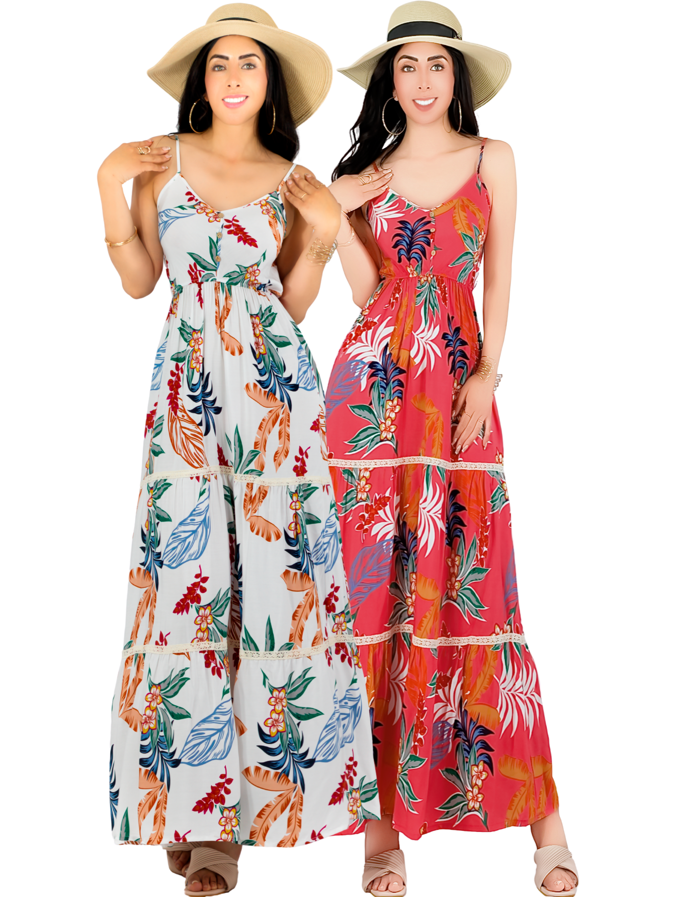 Foto 2 pulgar | Pack De 2 Vestidos Maxi Casual Ves-1017-px2 Blanco Y Coral Mujer Largo Cómodo De Tirantes