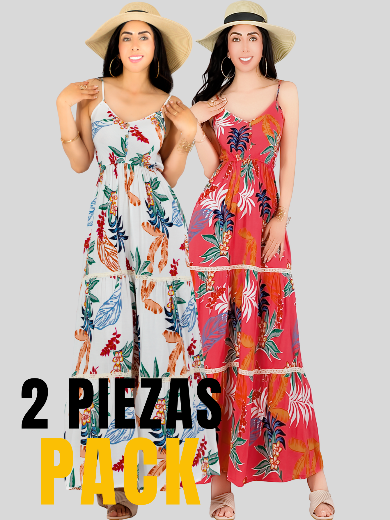 Foto 6 pulgar | Pack De 2 Vestidos Maxi Casual Ves-1017-px2 Blanco Y Coral Mujer Largo Cómodo De Tirantes