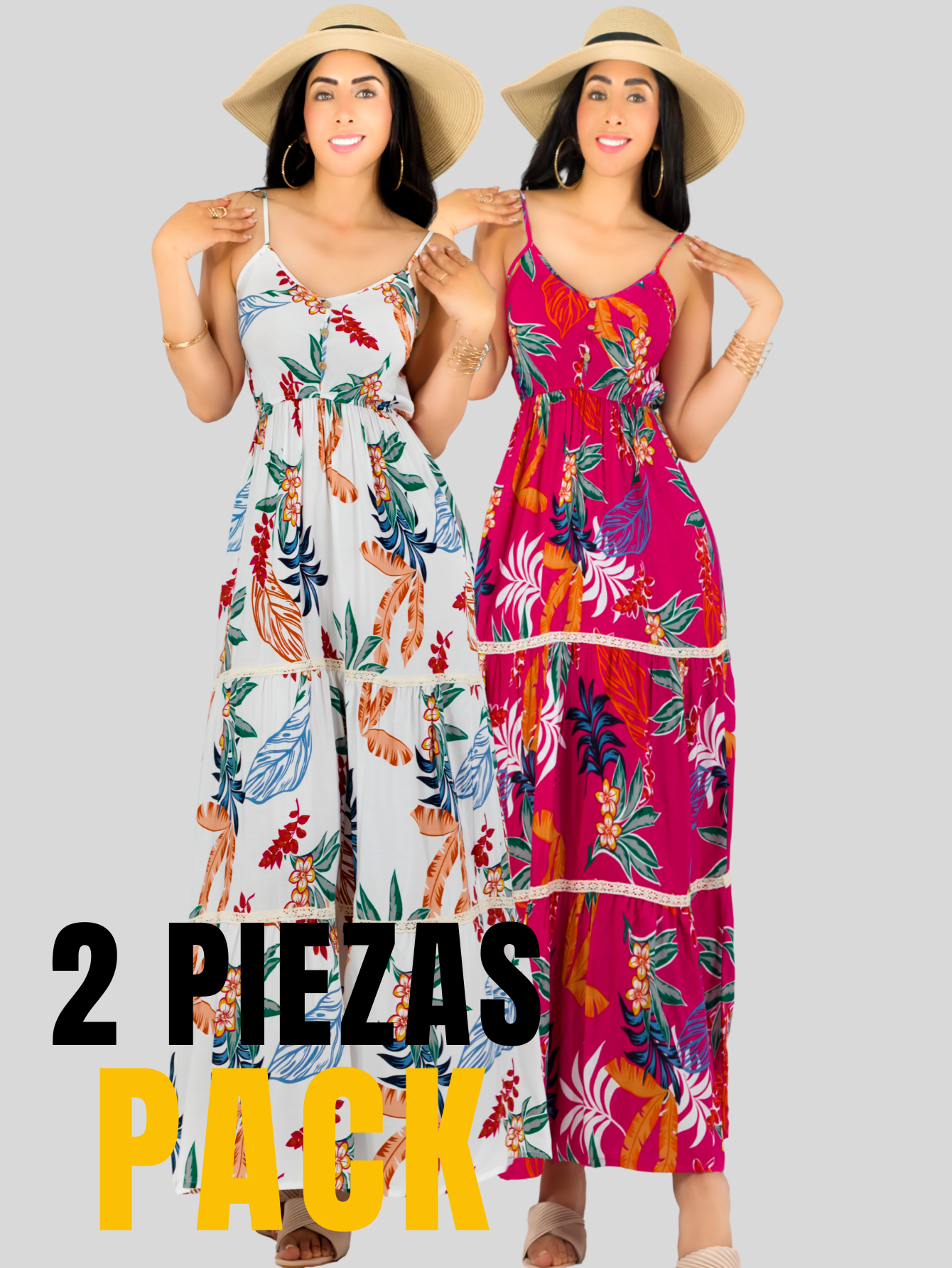 Foto 6 pulgar | Pack De 2 Vestidos Maxi Casual Ves-1017-px2 Blanco Y Fucsia Mujer Largo Cómodo De Tirantes