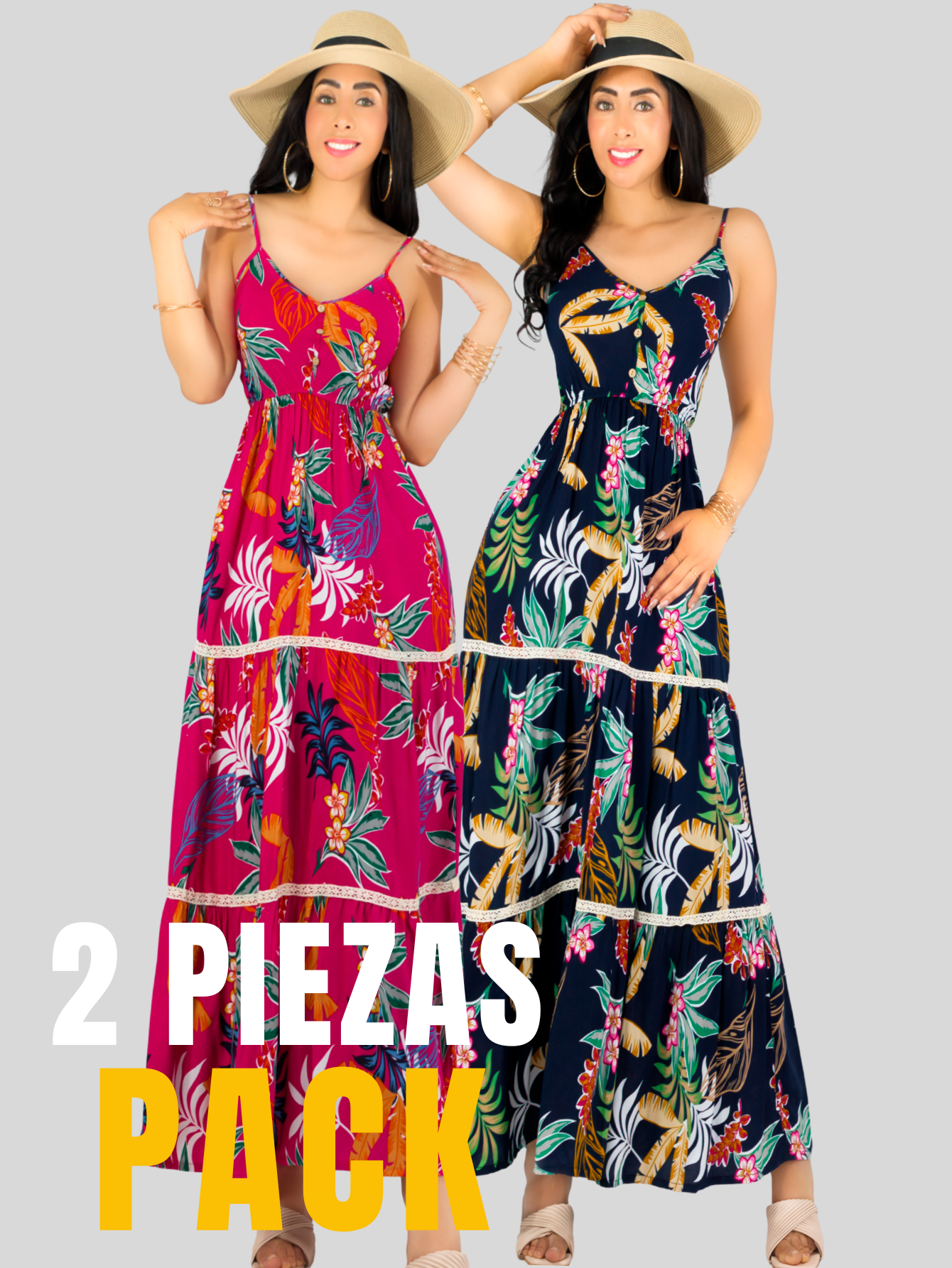 Foto 6 pulgar | Pack De 2 Vestidos Maxi Casual Ves-1017-px2 Fucsia Y Marino Mujer Largo Cómodo De Tirantes