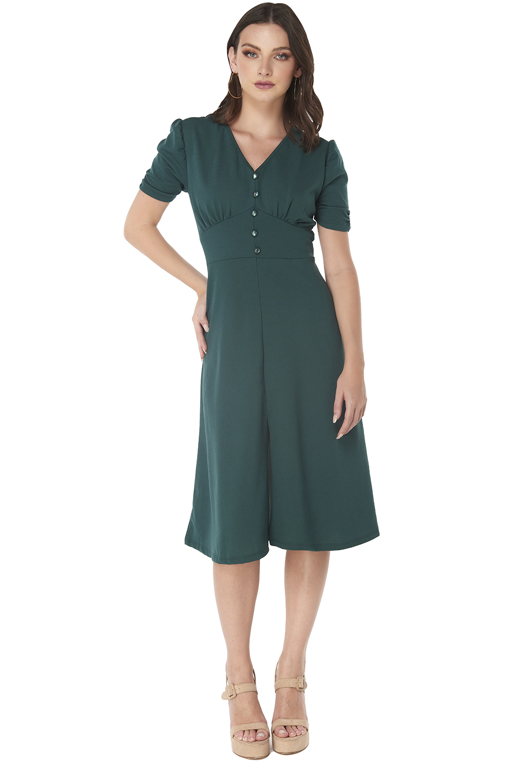 Foto 2 pulgar | Vestido Devendi color Verde Midi Con Botones