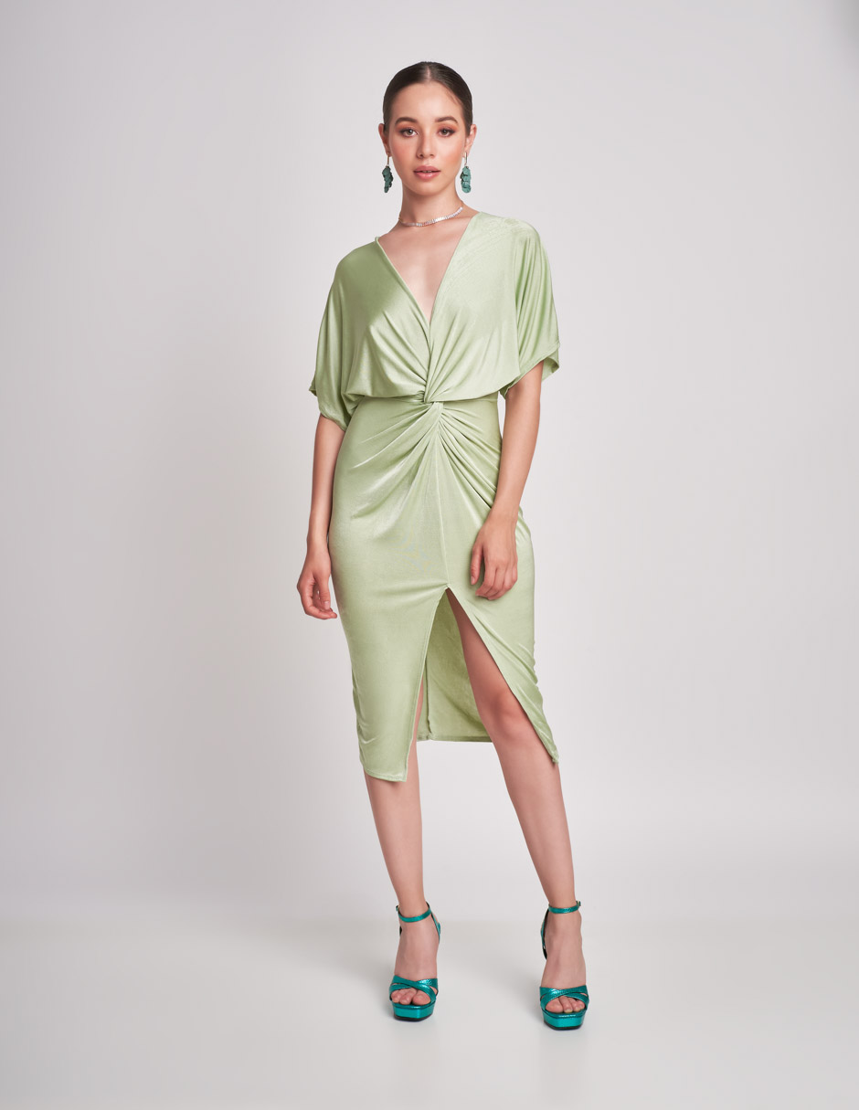 Vestido Devendi Color Verde Stretch Detalle Escote