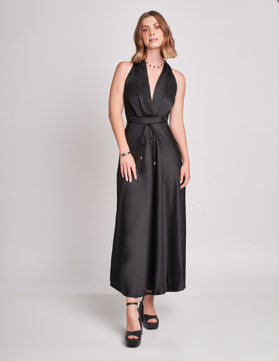 Vestido Devendi Color Negro Escote En V Satinado