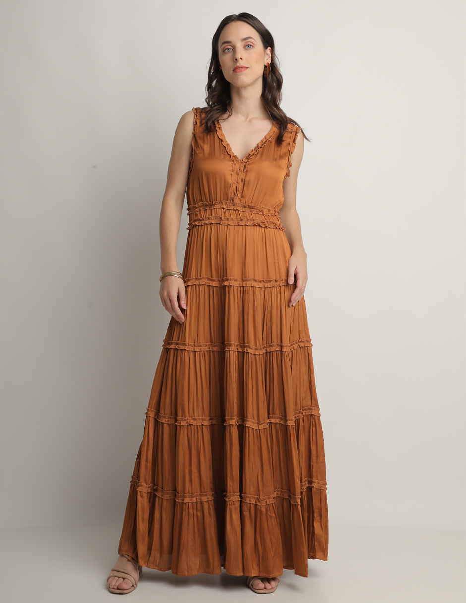 Vestido Devendi Color Shedron Largo Satinado