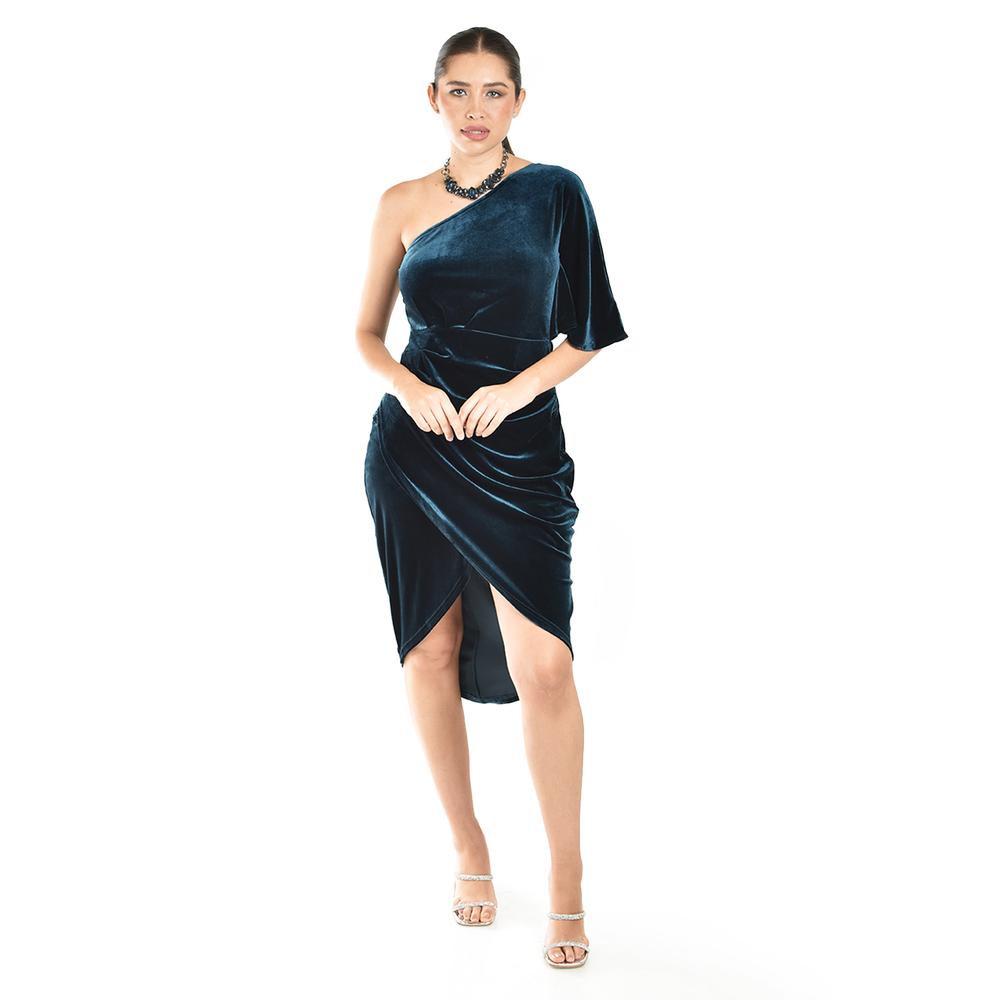 Foto 1 | Vestido De Terciopelo De Un Hombro Roman Fashion /juvenil, 42723 (verde Botella) Verde Oscuro