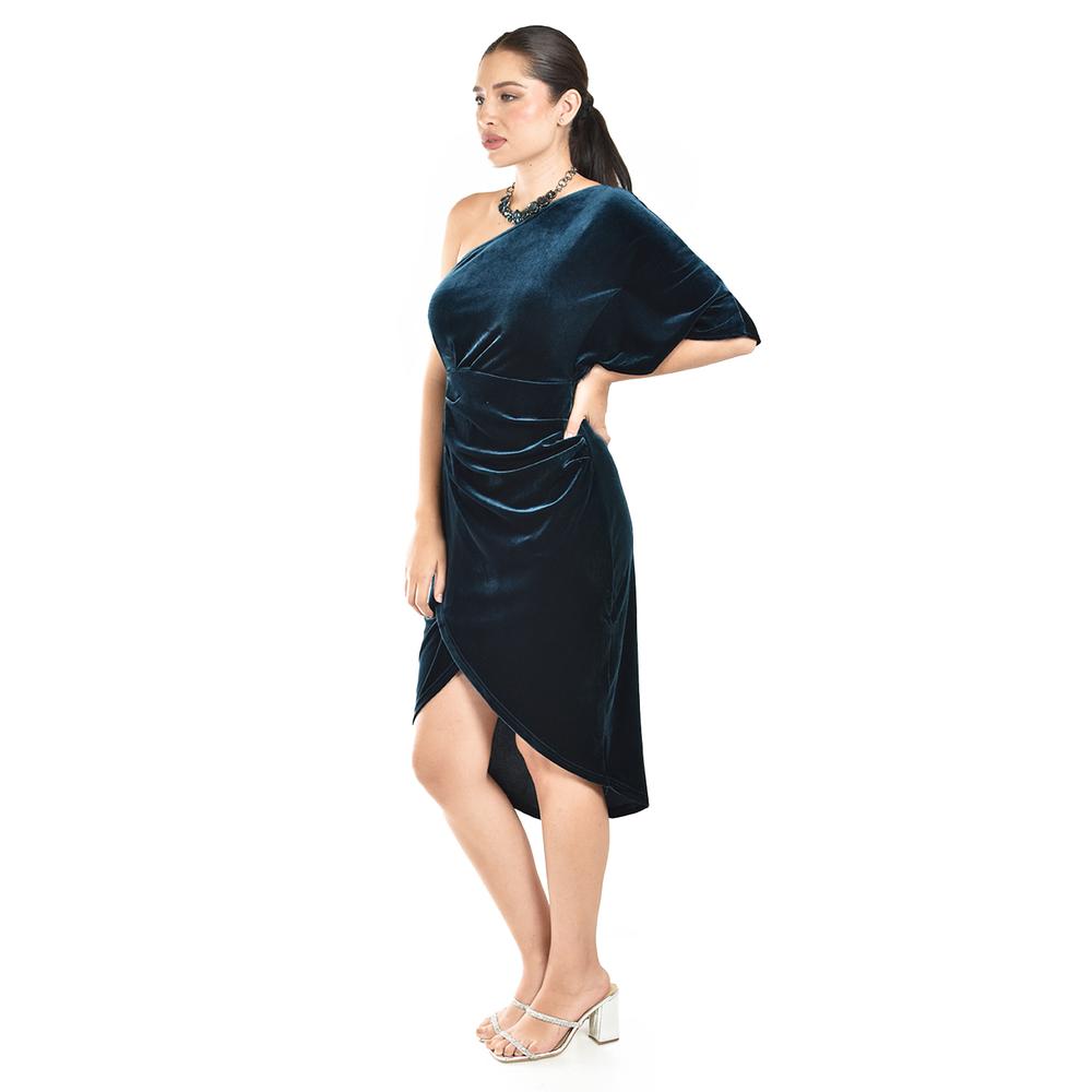 Foto 2 | Vestido De Terciopelo De Un Hombro Roman Fashion /juvenil, 42723 (verde Botella) Verde Oscuro