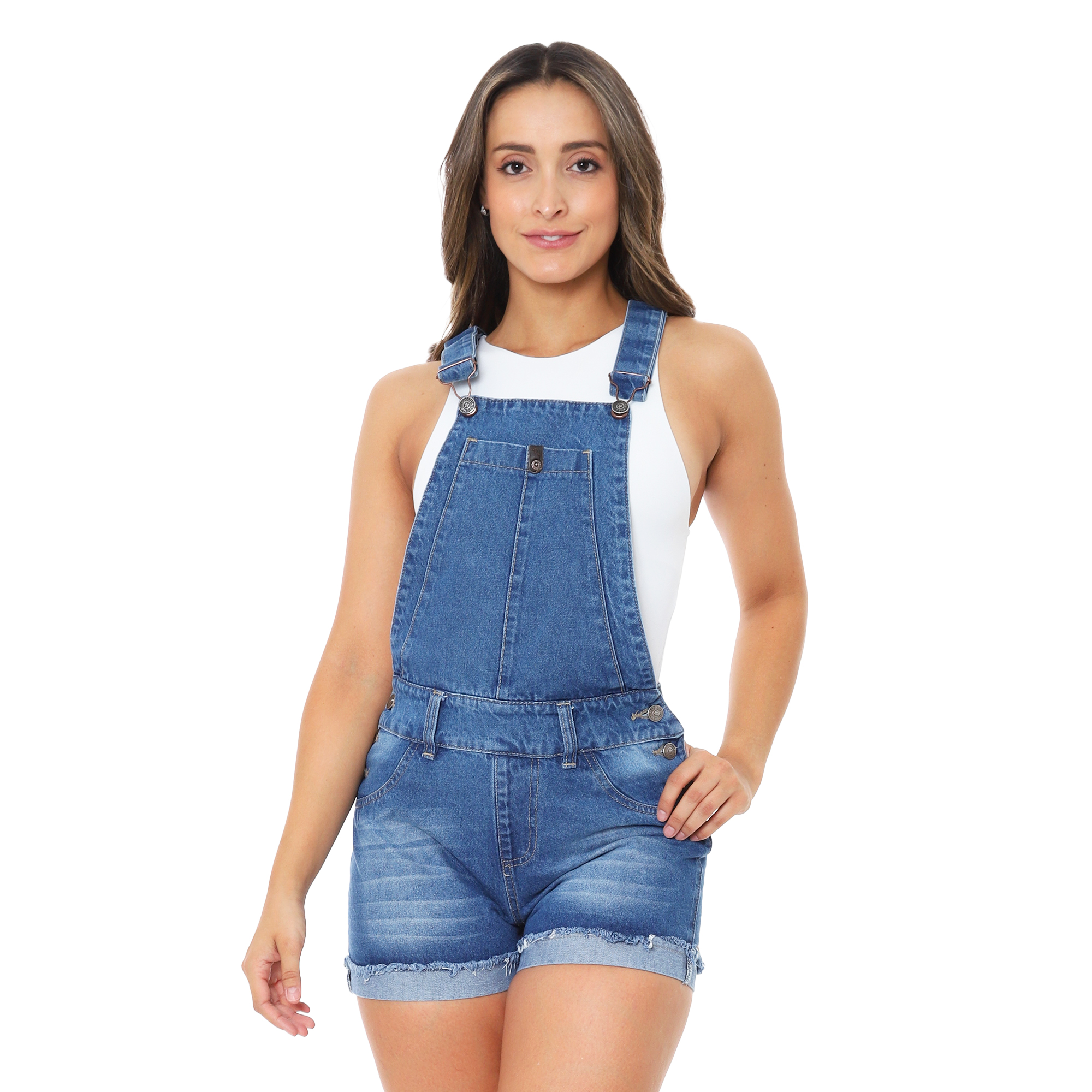 Overol Jumper Peto Short Mom Tiro Alto Mezclilla Rígida Pineda Jeans para Dama