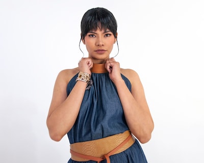 Foto 8 | Jumpsuit De Dama A Ángelozano De Mezclilla Azul, Con Cinto Camel, Al-w40