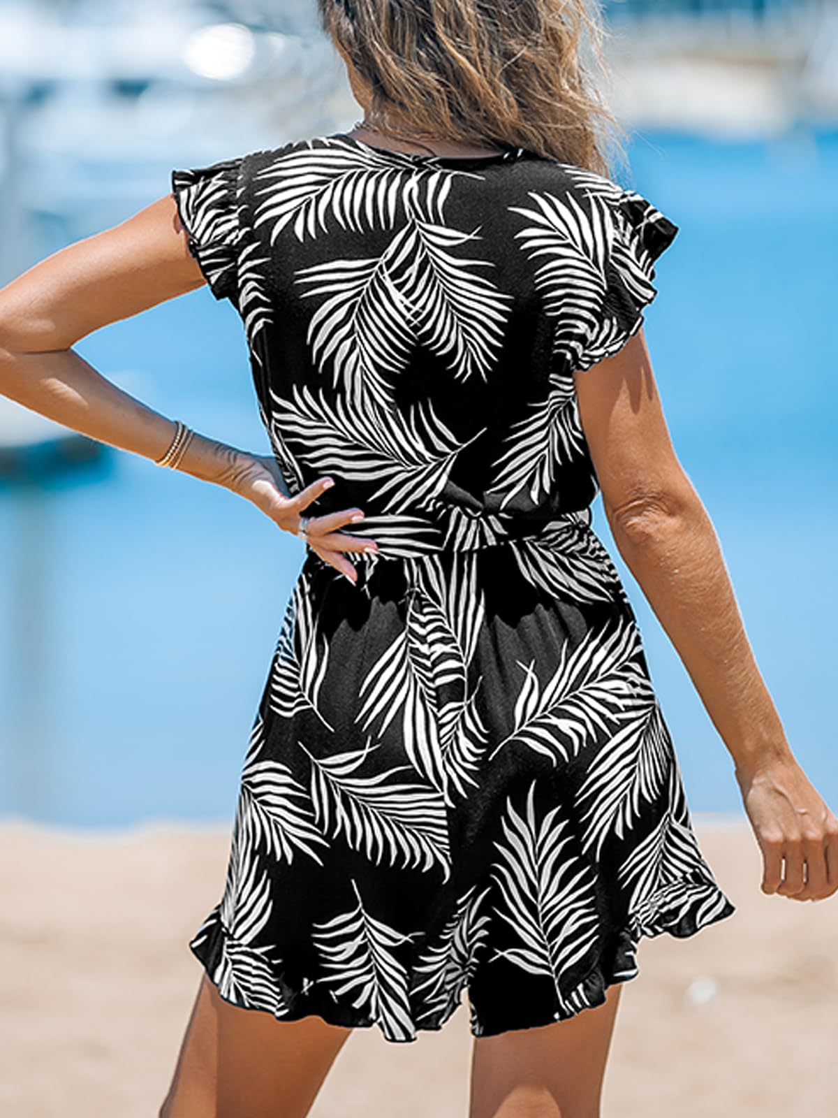Foto 3 pulgar | Romper Cupshe Tropical Con Mangas Onduladas, Cuello En V, Pierna Ancha, Talla Xs - Venta Internacional.