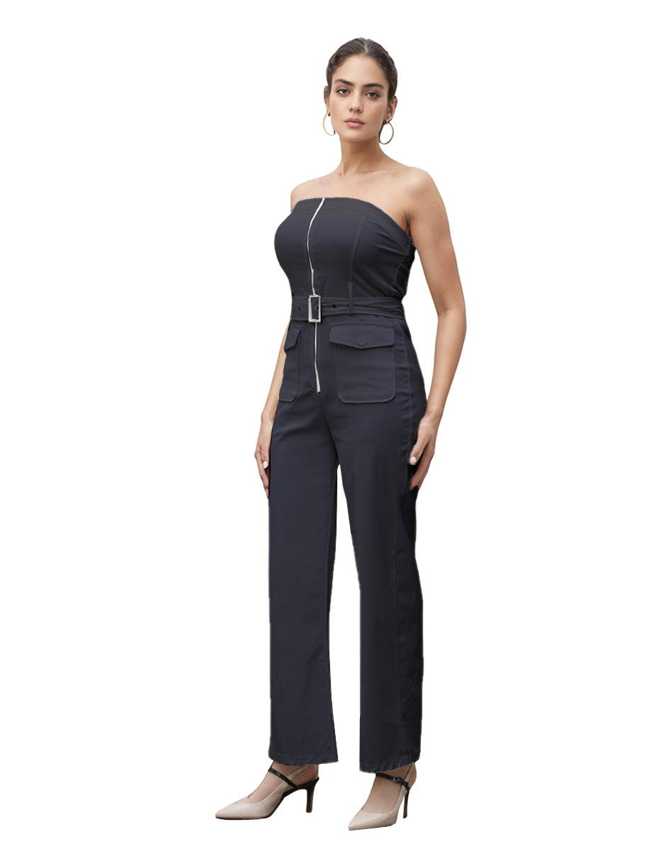 Foto 2 pulgar | Jumpsuit Casual Tipo Cargo De Gabardina Strapless
