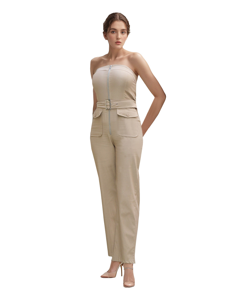 Foto 2 pulgar | Jumpsuit Casual Tipo Cargo De Gabardina Strapless